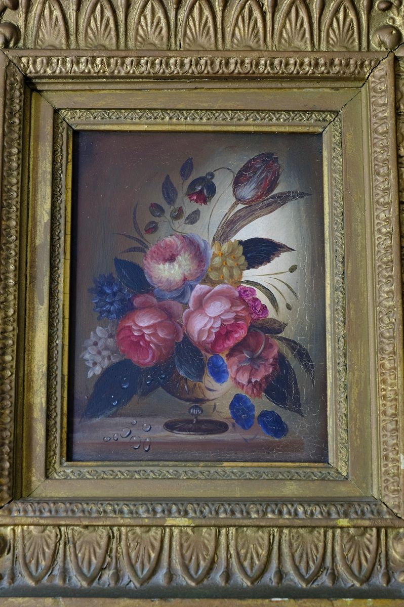 English School antique oil on board still life of garden flowers in original gilt carved frame