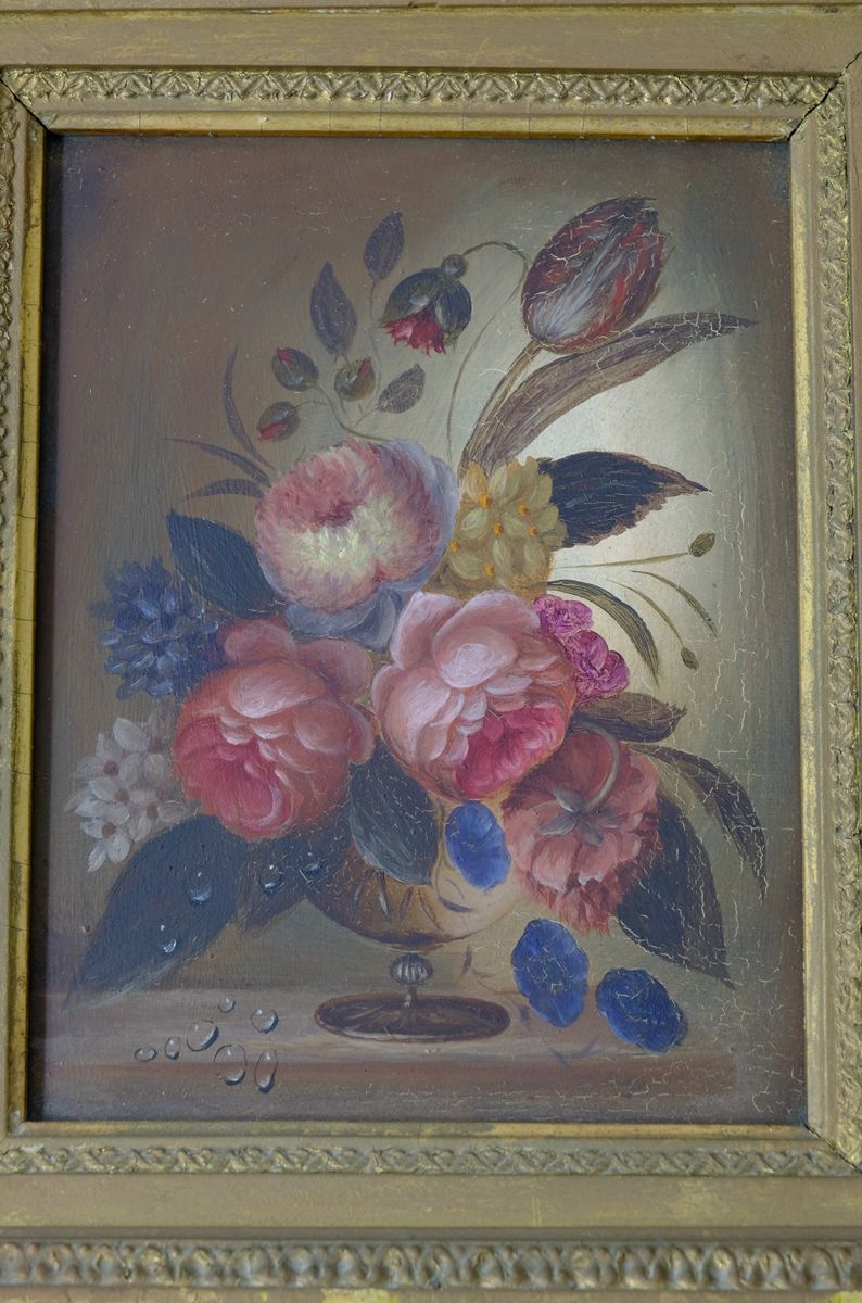 English School antique oil on board still life of garden flowers in original gilt carved frame