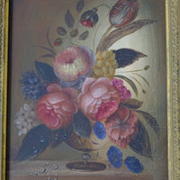 English School antique oil on board still life of garden flowers in original gilt carved frame