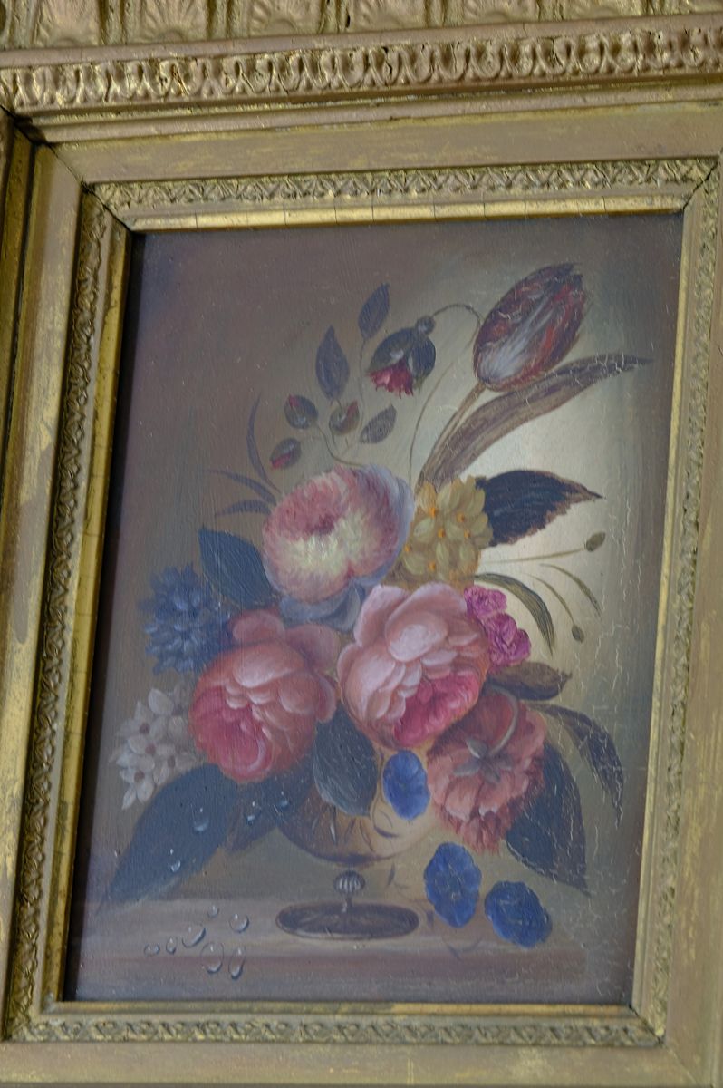 English School antique oil on board still life of garden flowers in original gilt carved frame