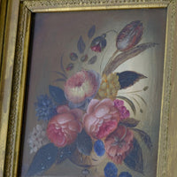 English School antique oil on board still life of garden flowers in original gilt carved frame