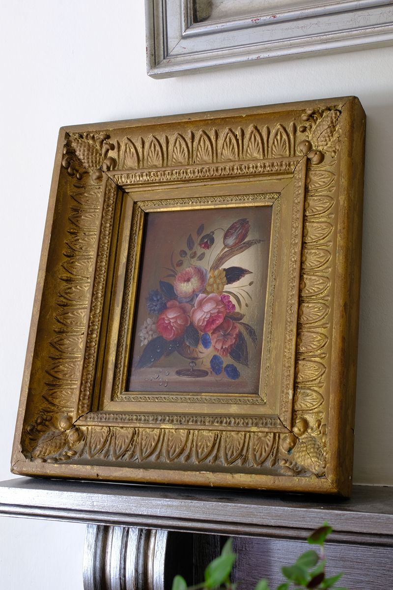 English School antique oil on board still life of garden flowers in original gilt carved frame
