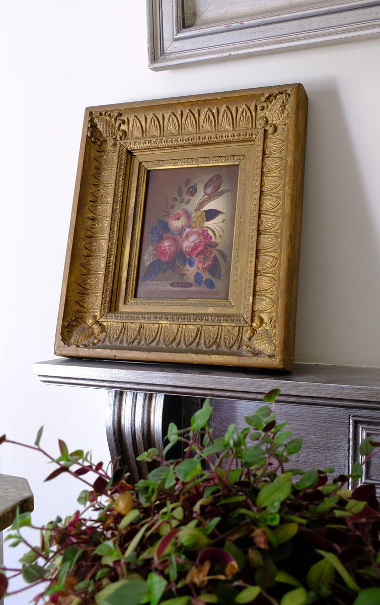 English School antique oil on board still life of garden flowers in original gilt carved frame