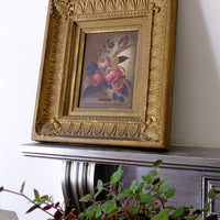 English School antique oil on board still life of garden flowers in original gilt carved frame