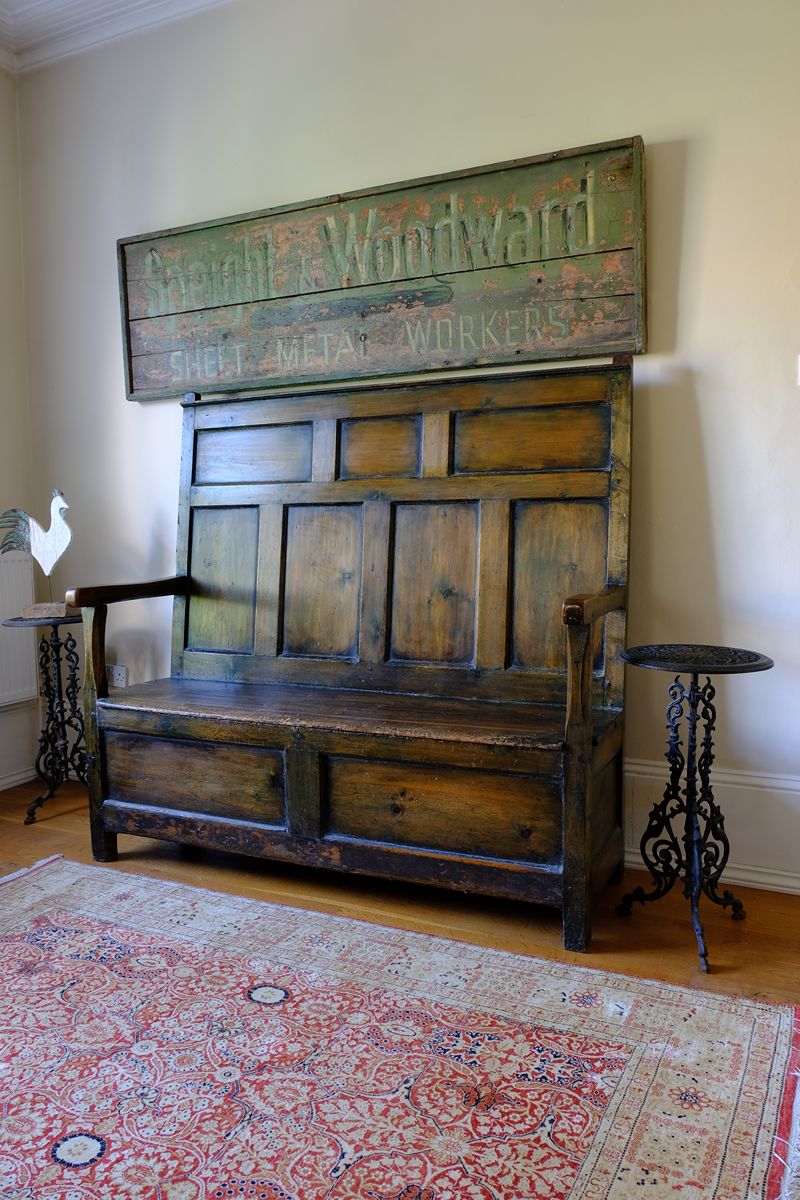 19th Century Welsh Oak Settle Bench with Painted Panels and Storage Chest