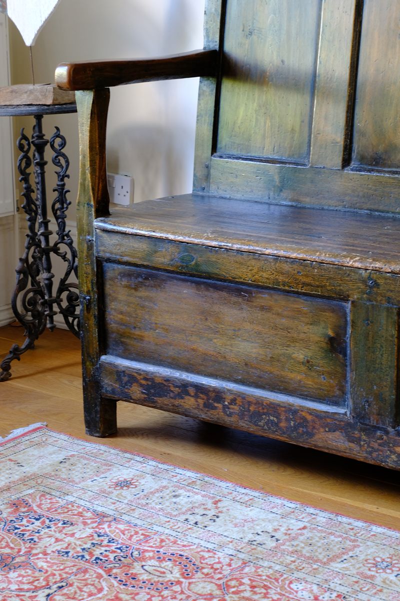 19th Century Welsh Oak Settle Bench with Painted Panels and Storage Chest
