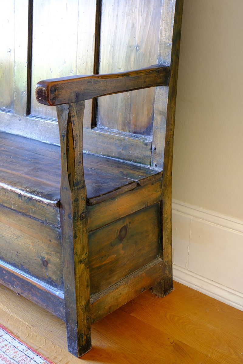 Sid arm on a 19th Century Welsh Oak Settle Bench with Painted Panels and Storage Chest