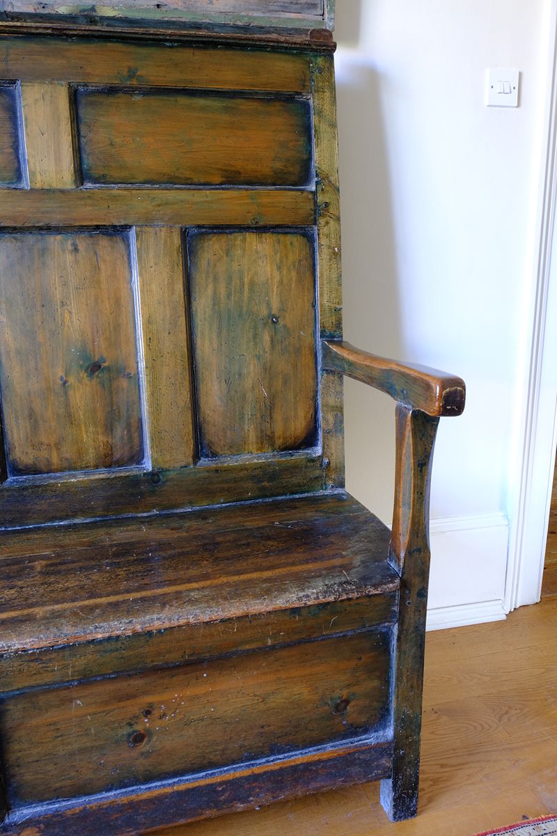 19th Century Welsh Oak Settle Bench with Painted Panels and Storage Chest