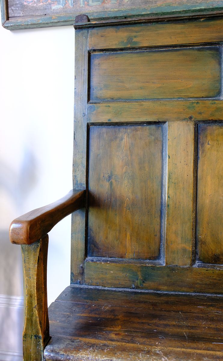 19th Century Welsh Oak Settle Bench with Painted Panels and Storage Chest