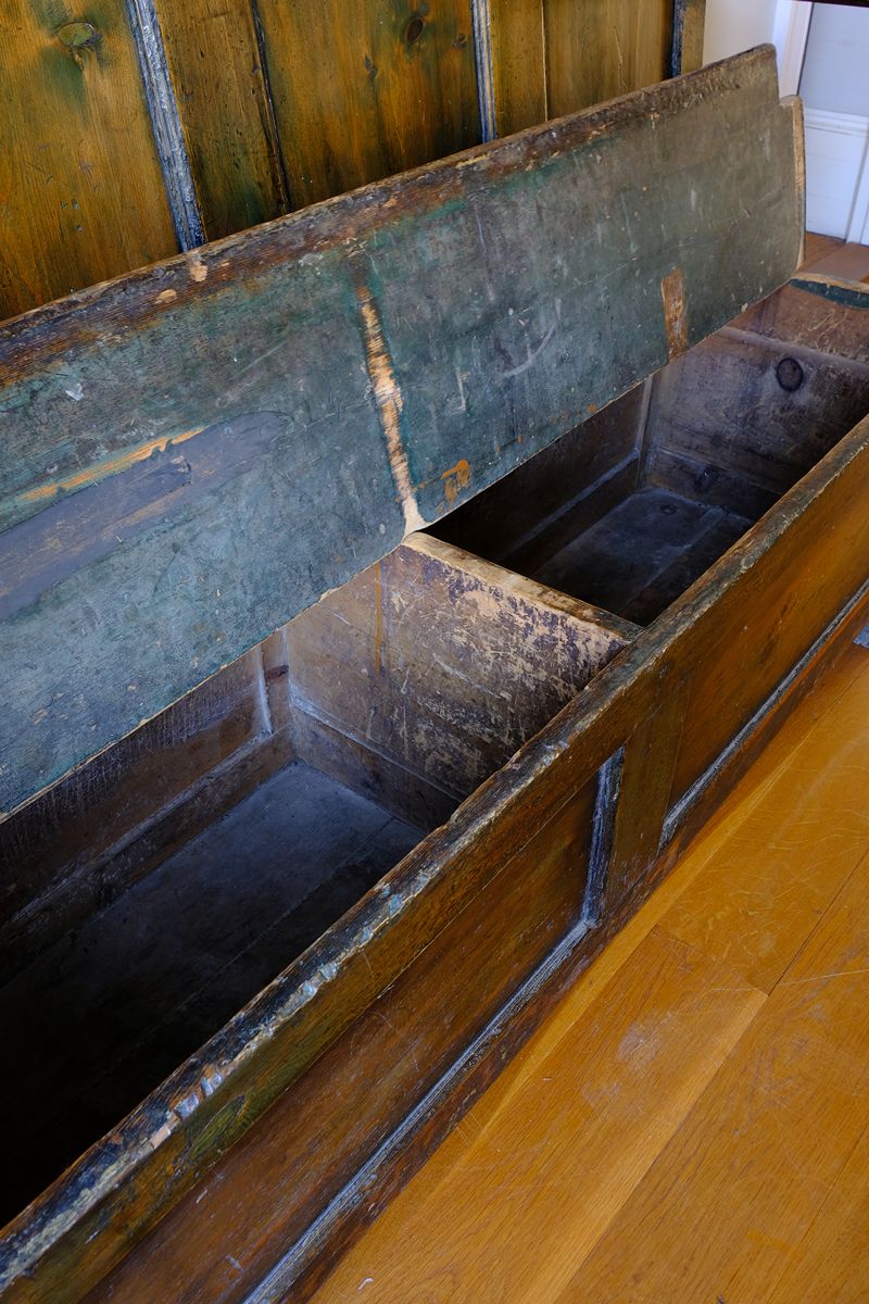 19th Century Welsh Oak Settle Bench with Painted Panels and Storage Chest