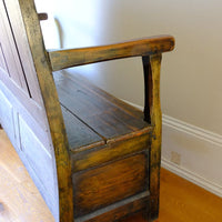 Painted detail on the 19th Century Welsh Oak Settle Bench with Painted Panels and Storage Chest