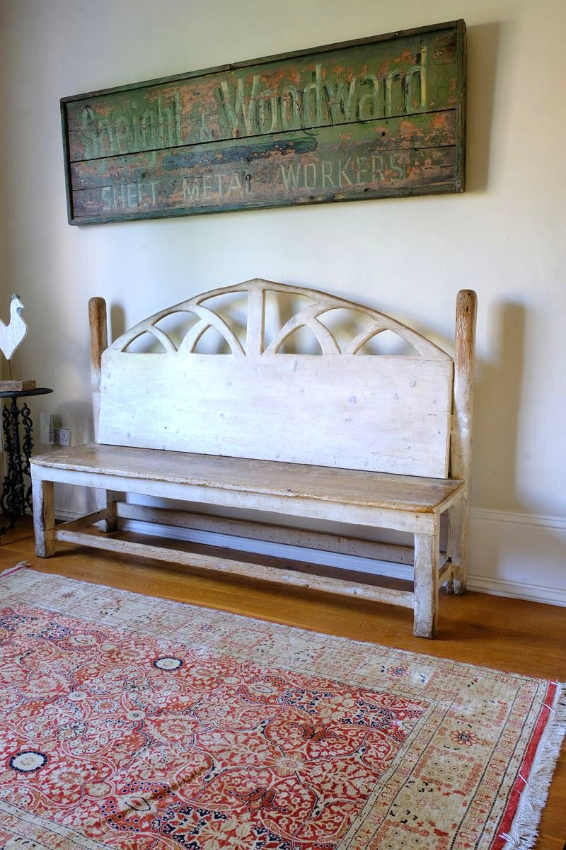 19th Century Gothic Painted Pine Hall Bench with Gothic Fretwork and Original Painted Finish
