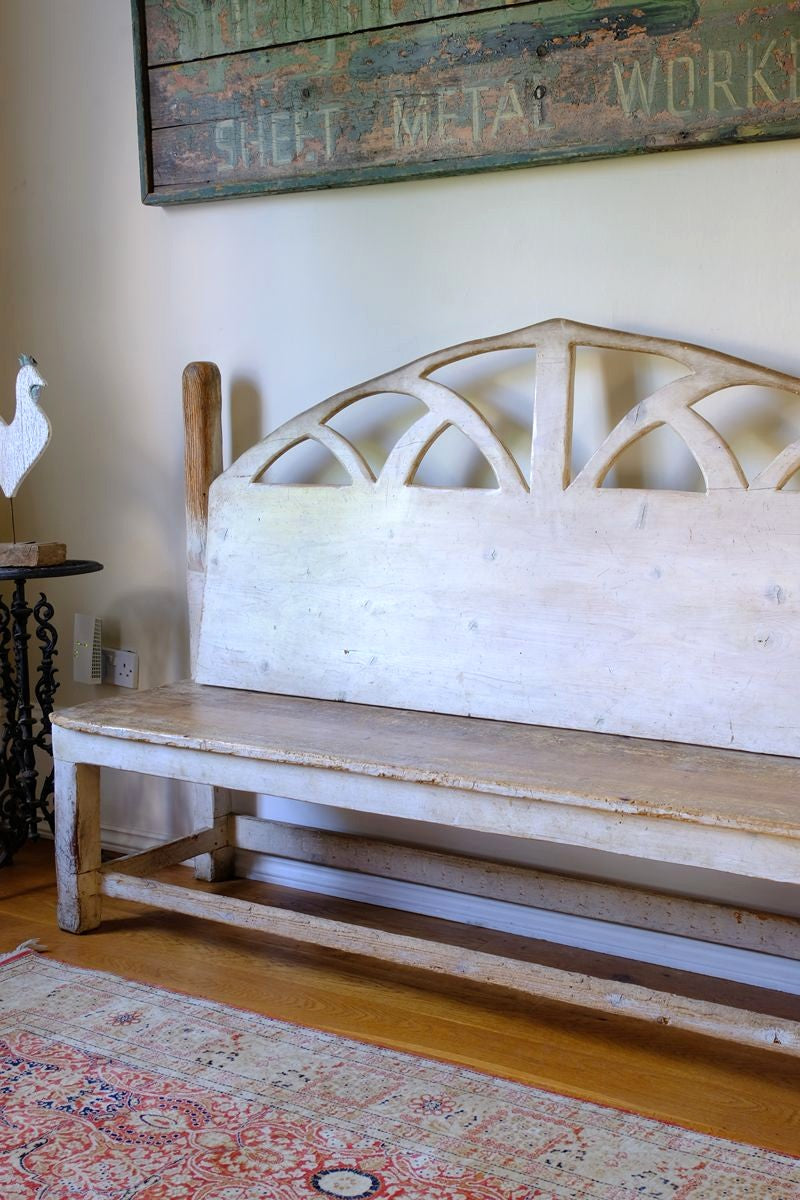 three quarter shot - 19th Century Gothic Painted Pine Hall Bench with Gothic Fretwork and Original Painted Finish