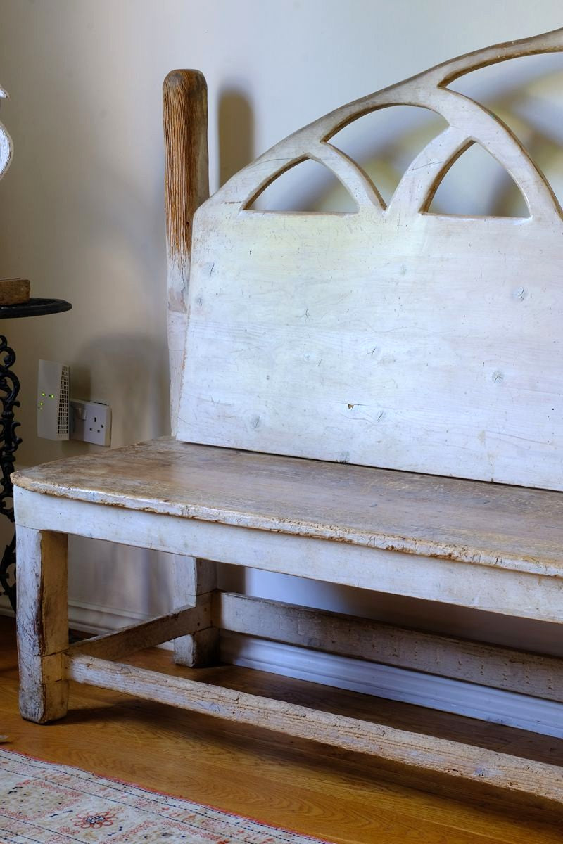 19th Century Gothic Painted Pine Hall Bench with Gothic Fretwork and Original Painted Finish