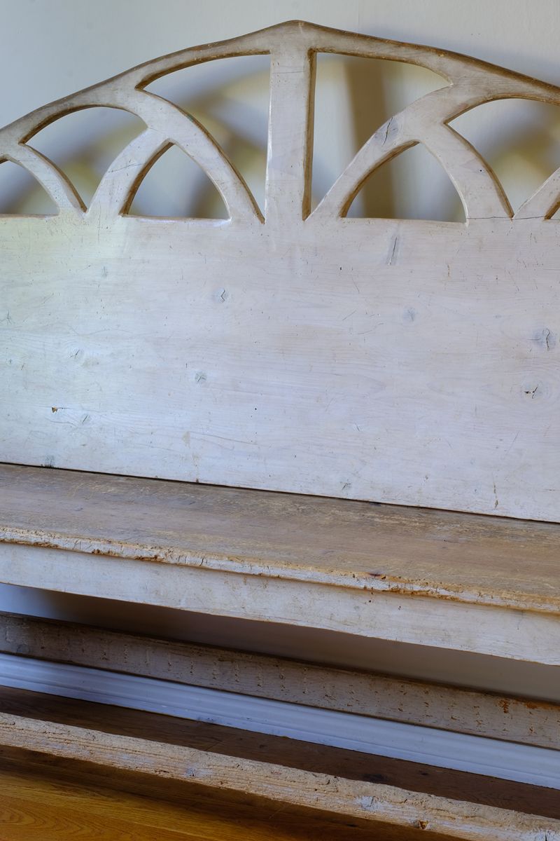 Gothis arch on a 19th Century Gothic Painted Pine Hall Bench with Gothic Fretwork and Original Painted Finish
