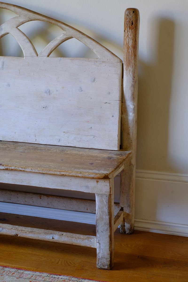 19th Century Gothic Painted Pine Hall Bench with Gothic Fretwork and Original Painted Finish