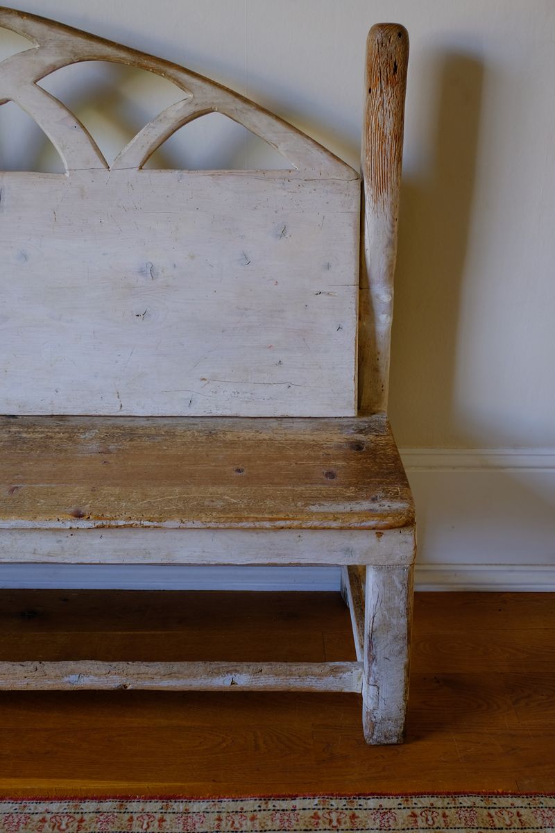 19th Century Gothic Painted Pine Hall Bench with Gothic Fretwork and Original Painted Finish