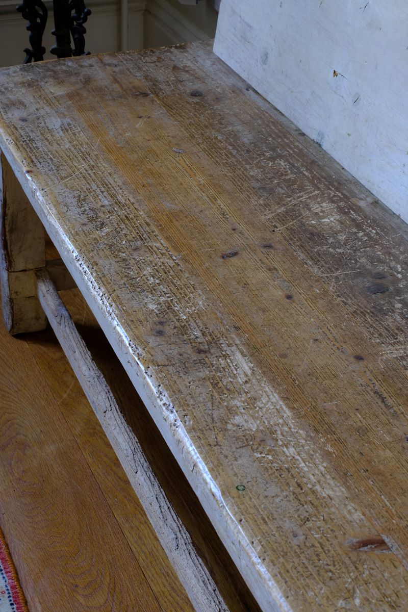 Worn seat on a 19th Century Gothic Painted Pine Hall Bench with Gothic Fretwork and Original Painted Finish