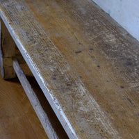 Worn seat on a 19th Century Gothic Painted Pine Hall Bench with Gothic Fretwork and Original Painted Finish