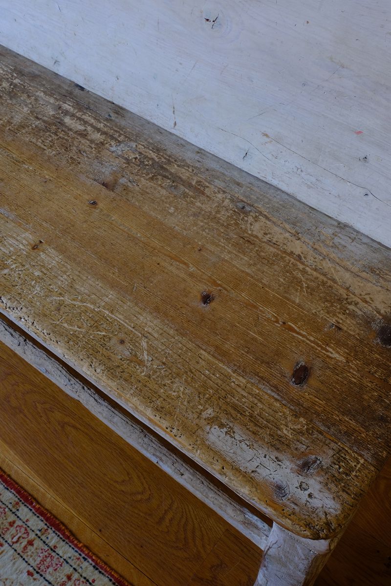 Close up of worn seat on a 19th Century Gothic Painted Pine Hall Bench with Gothic Fretwork and Original Painted Finish