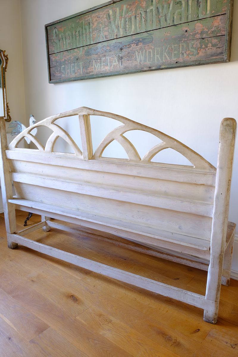 Back of the 19th Century Gothic Painted Pine Hall Bench with Gothic Fretwork and Original Painted Finish