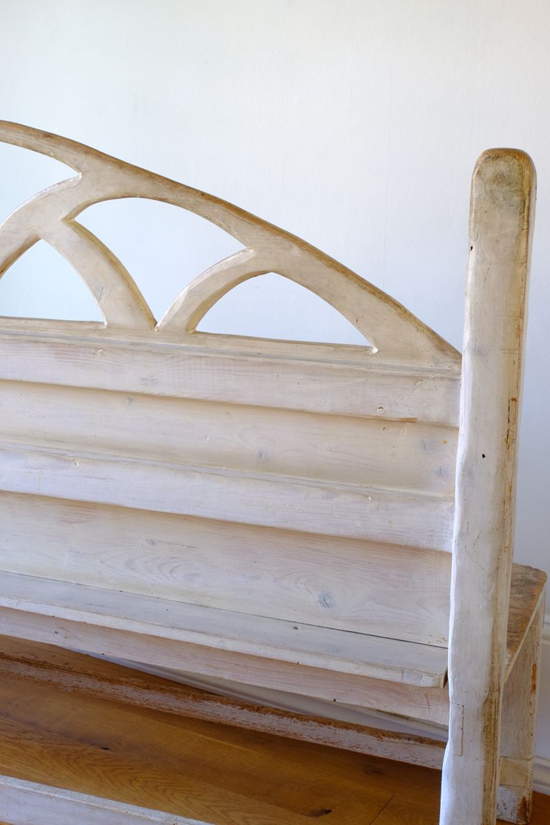 Close up of the back of the 19th Century Gothic Painted Pine Hall Bench with Gothic Fretwork and Original Painted Finish