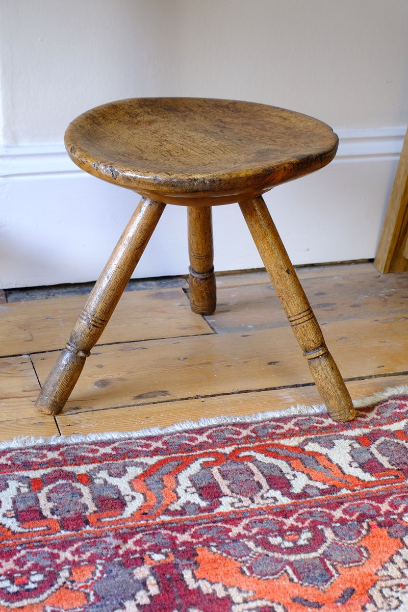19th Century Vernacular Three Legged Sycamore Dairy Stool with Dished Seat