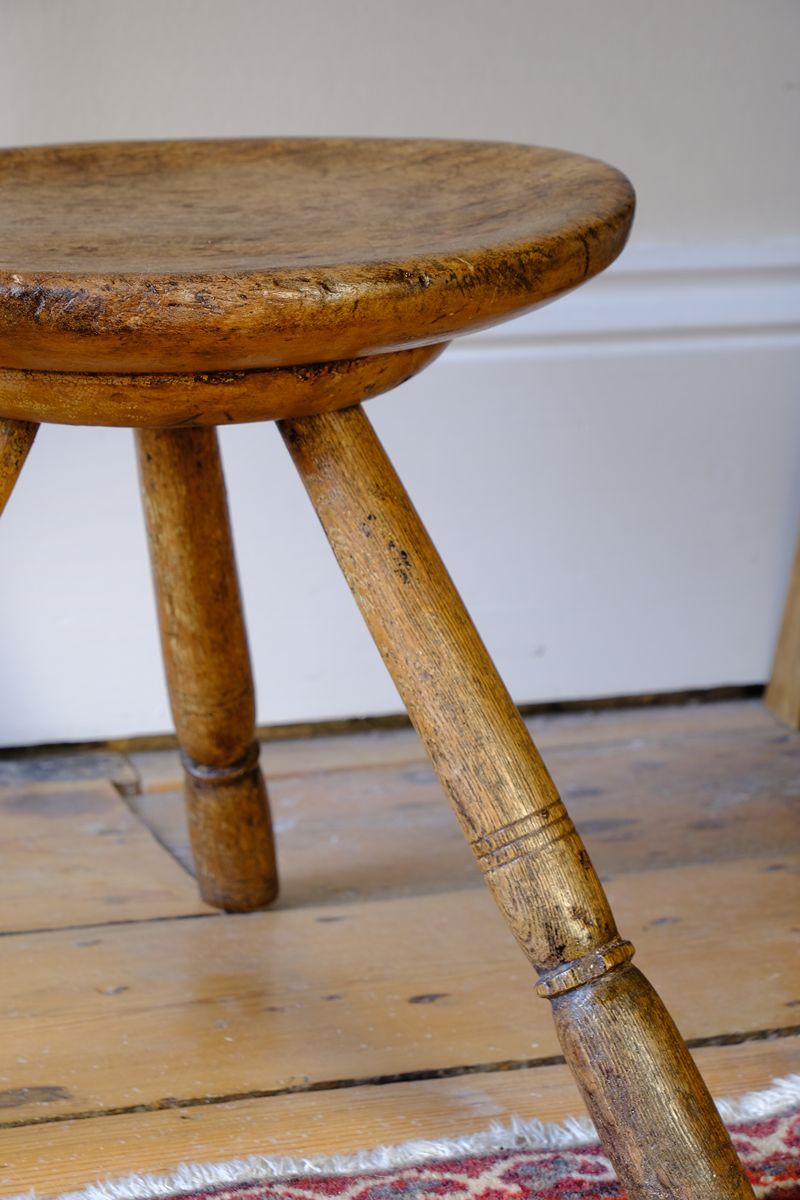 19th Century Vernacular Three Legged Sycamore Dairy Stool with Dished Seat