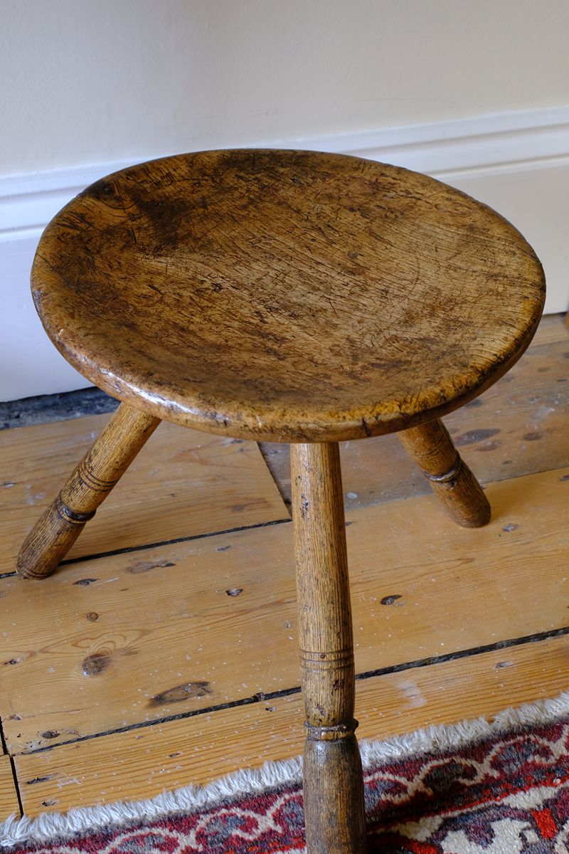 19th Century Vernacular Three Legged Sycamore Dairy Stool with Dished Seat