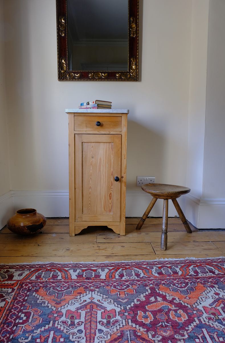 Late Victorian pine marble top bedside cupboard with Carrara marble and concealed brass pivot hinges