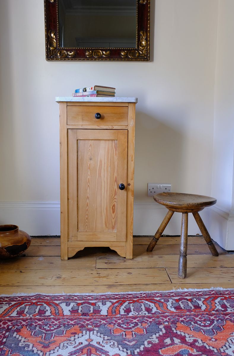Late Victorian pine marble top bedside cupboard with Carrara marble and concealed brass pivot hinges