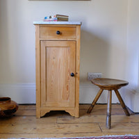 Late Victorian pine marble top bedside cupboard with Carrara marble and concealed brass pivot hinges
