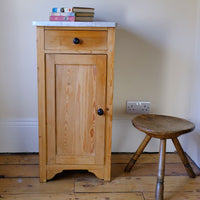 Late Victorian pine marble top bedside cupboard with Carrara marble and concealed brass pivot hinges