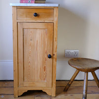 Late Victorian pine marble top bedside cupboard with Carrara marble and concealed brass pivot hinges