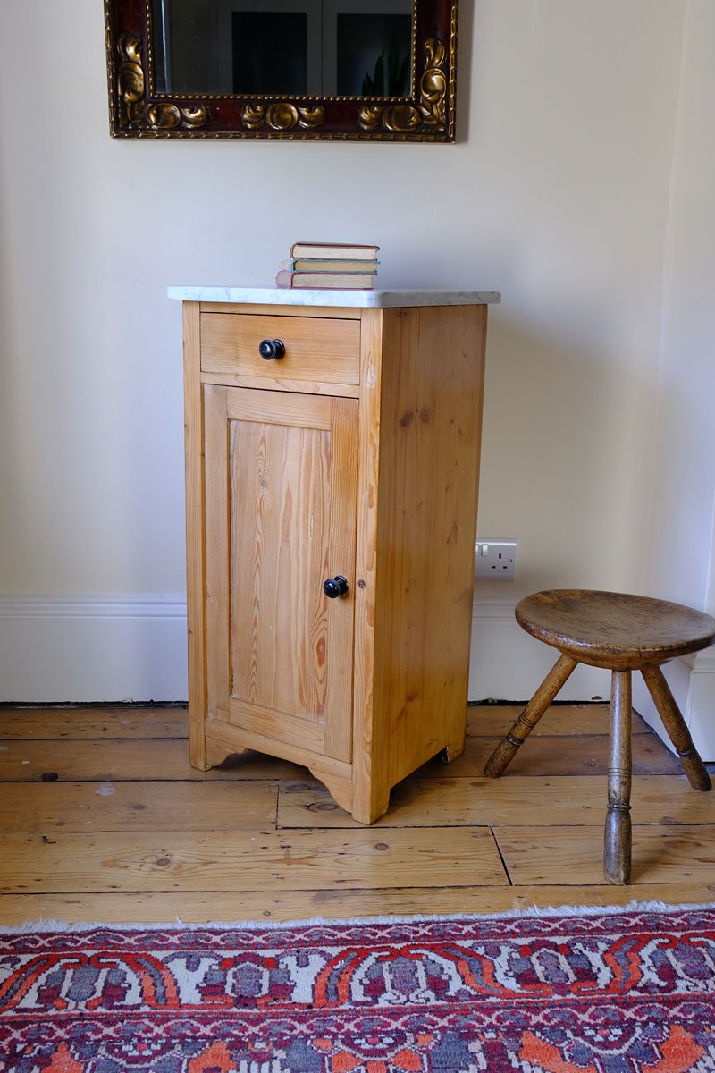 Side view - Late Victorian pine marble top bedside cupboard with Carrara marble and concealed brass pivot hinges