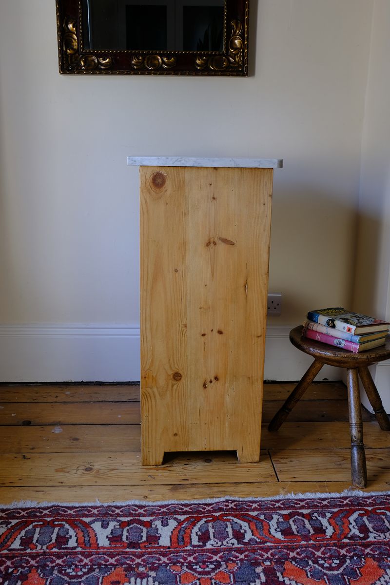 Late Victorian pine marble top bedside cupboard with Carrara marble and concealed brass pivot hinges