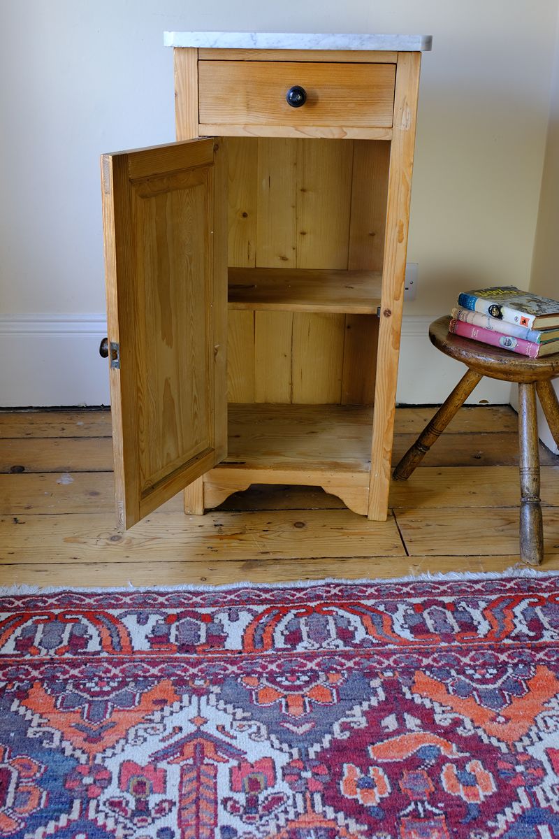 inside the Late Victorian pine marble top bedside cupboard with Carrara marble and concealed brass pivot hinges