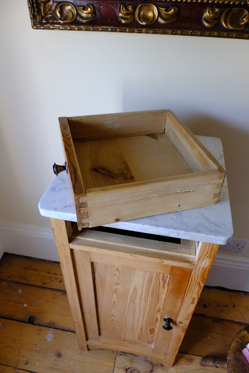 hand cut dovetail drawer box joints on a Late Victorian pine marble top bedside cupboard with Carrara marble and concealed brass pivot hinges