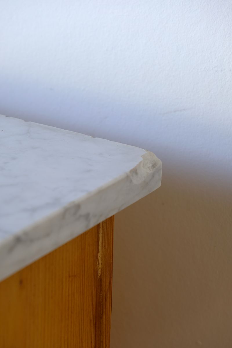 Late Victorian pine marble top bedside cupboard with Carrara marble and concealed brass pivot hinges