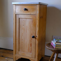 Late Victorian pine marble top bedside cupboard with Carrara marble and concealed brass pivot hinges