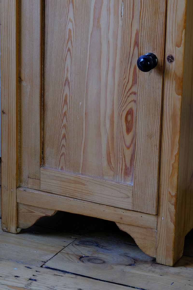 Decorative plinth on a Late Victorian pine marble top bedside cupboard with Carrara marble and concealed brass pivot hinges