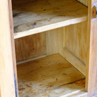 Inside view of the thick patina and marks on the shelves on an Early 20th Century Pitch Pine Single Door Larder Cupboard with Lift-Off Hinges and Original Sprung Latch