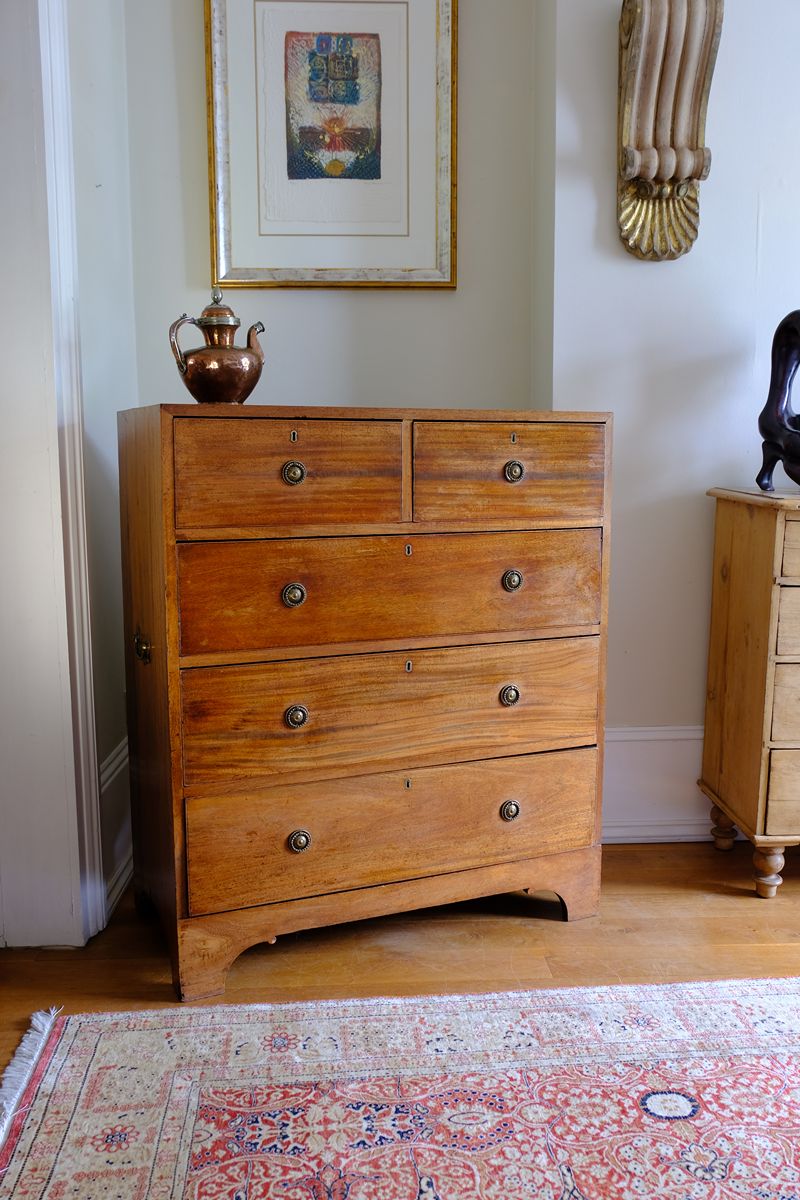 Late Georgian Anglo-Chinese Padauk Chest of Drawers with Mitred Face Frame and Original Brass Side Carrying Handles