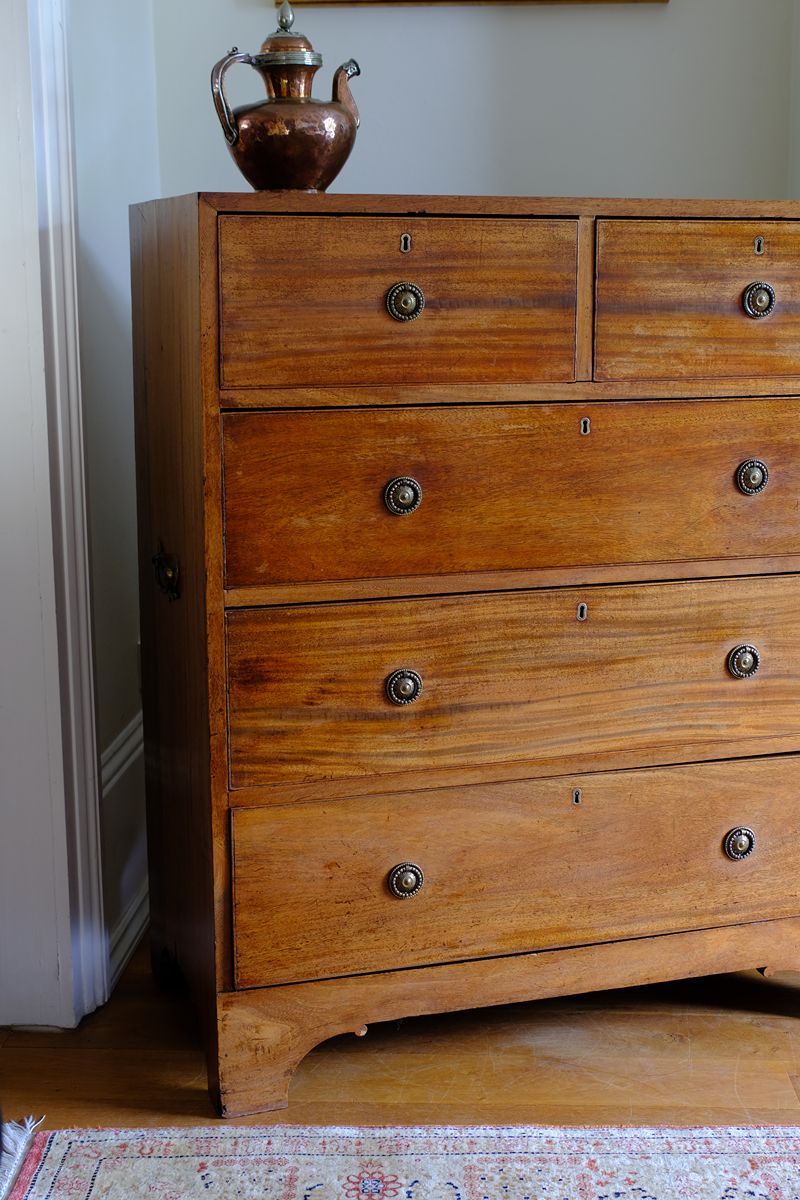 Late Georgian Anglo-Chinese Padauk Chest of Drawers with Mitred Face Frame and Original Brass Side Carrying Handles