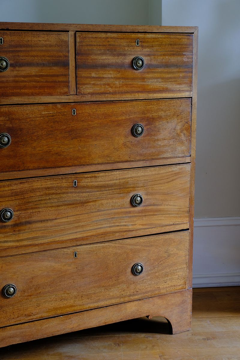 Late Georgian Anglo-Chinese Padauk Chest of Drawers with Mitred Face Frame and Original Brass Side Carrying Handles