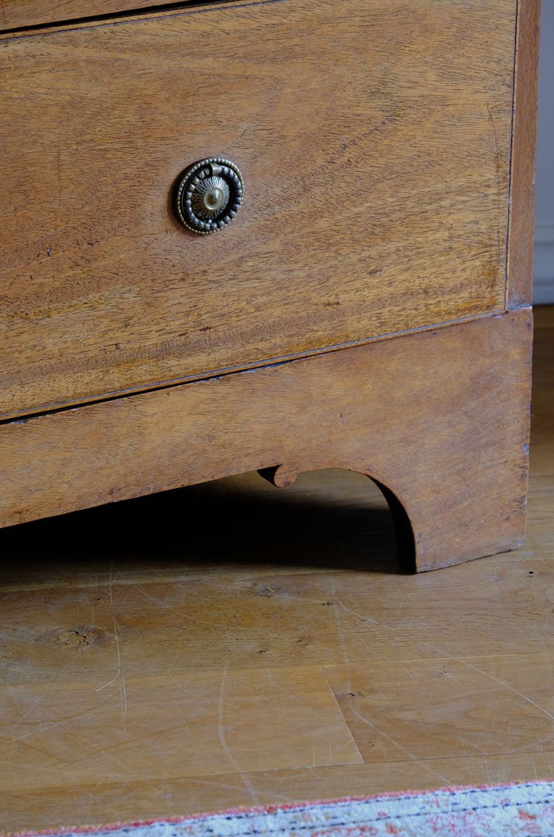 Raised on a shaped arched plinth with delicate scroll returns - Late Georgian Anglo-Chinese Padauk Chest of Drawers with Mitred Face Frame and Original Brass Side Carrying Handles