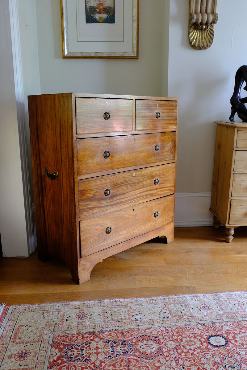 Late Georgian Anglo-Chinese Padauk Chest of Drawers with Mitred Face Frame and Original Brass Side Carrying Handles