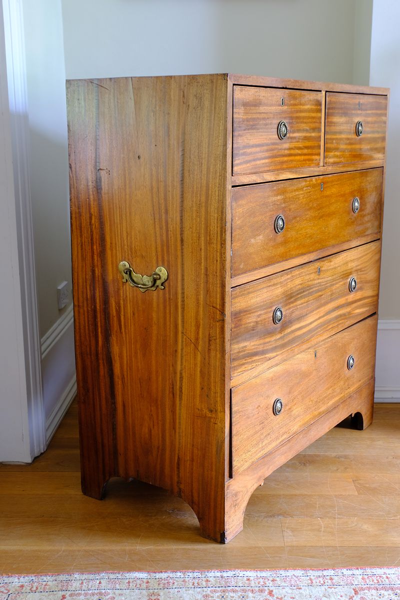 Late Georgian Anglo-Chinese Padauk Chest of Drawers with Mitred Face Frame and Original Brass Side Carrying Handles
