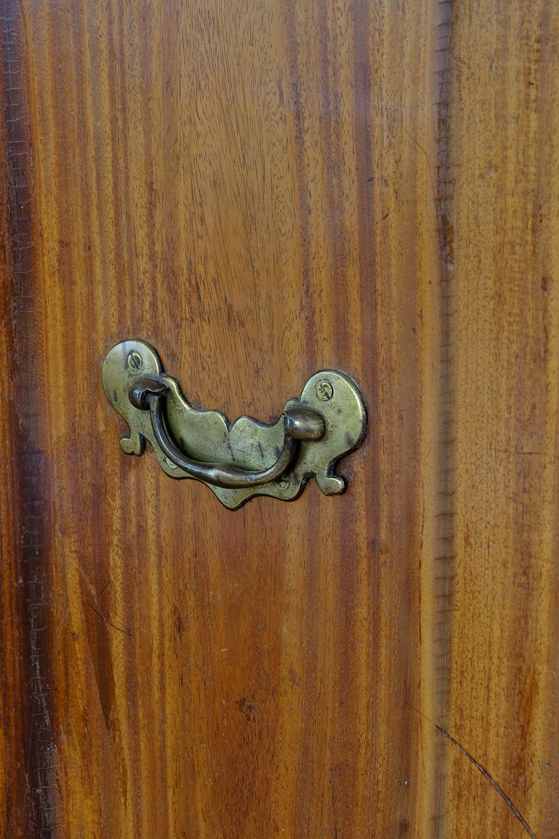 Padauk grain on a Late Georgian Anglo-Chinese Padauk Chest of Drawers with Mitred Face Frame and Original Brass Side Carrying Handles