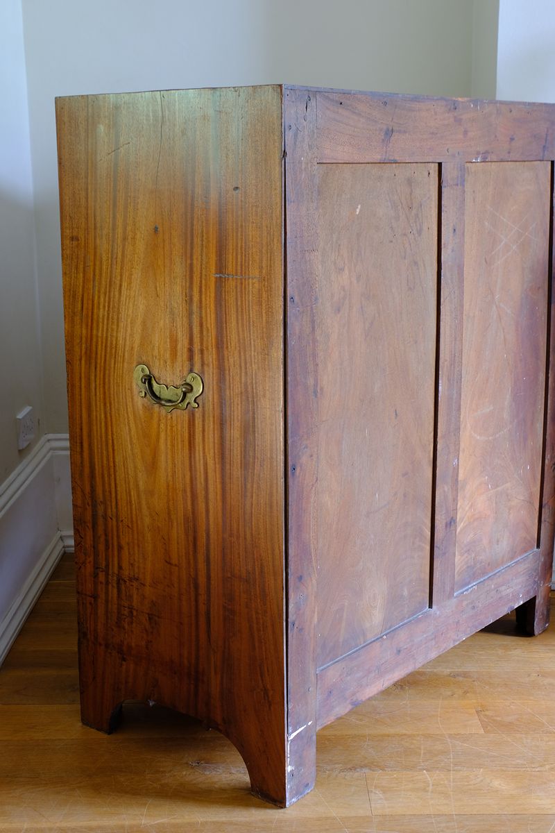 side panel and brass drop handle - Late Georgian Anglo-Chinese Padauk Chest of Drawers with Mitred Face Frame and Original Brass Side Carrying Handles